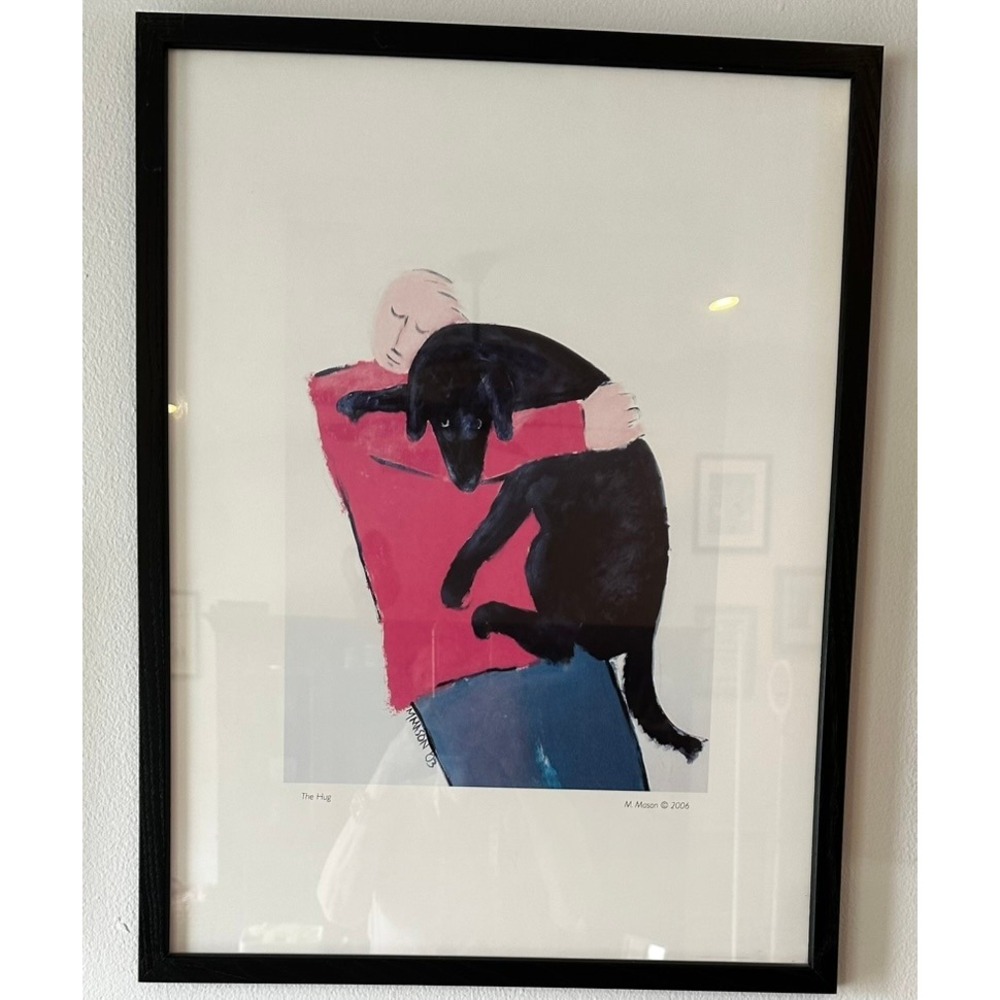 M Mason The Hug Art Print Framed Black Dog Labrador Illustration 2006 17 x 23